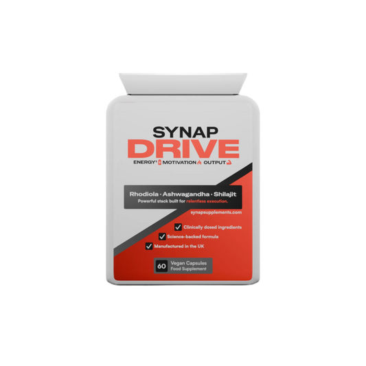 This image displays a product named "Synap DRIVE," a dietary supplement capsule designed to support energy and mental output. The packaging is sleek, featuring a white background with red and black text.